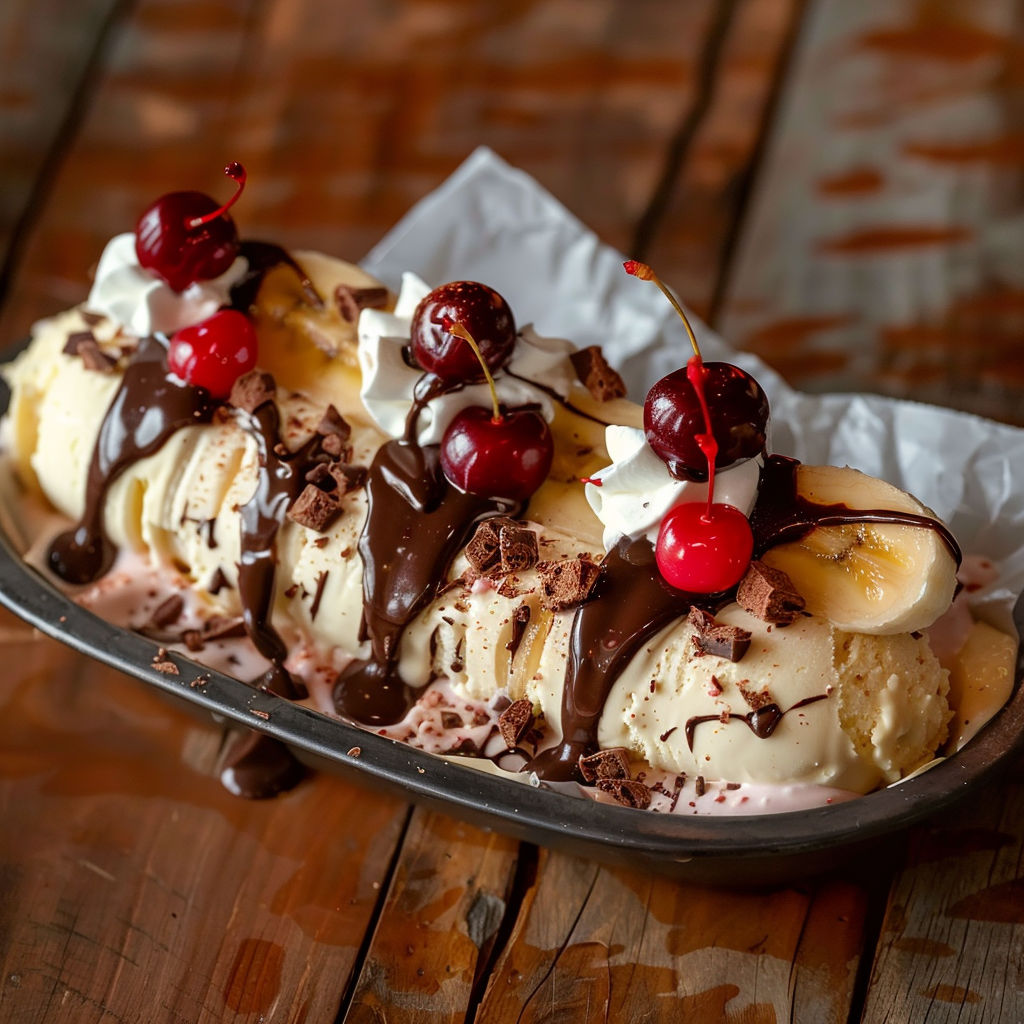 A banana split with chocolate and cherries.