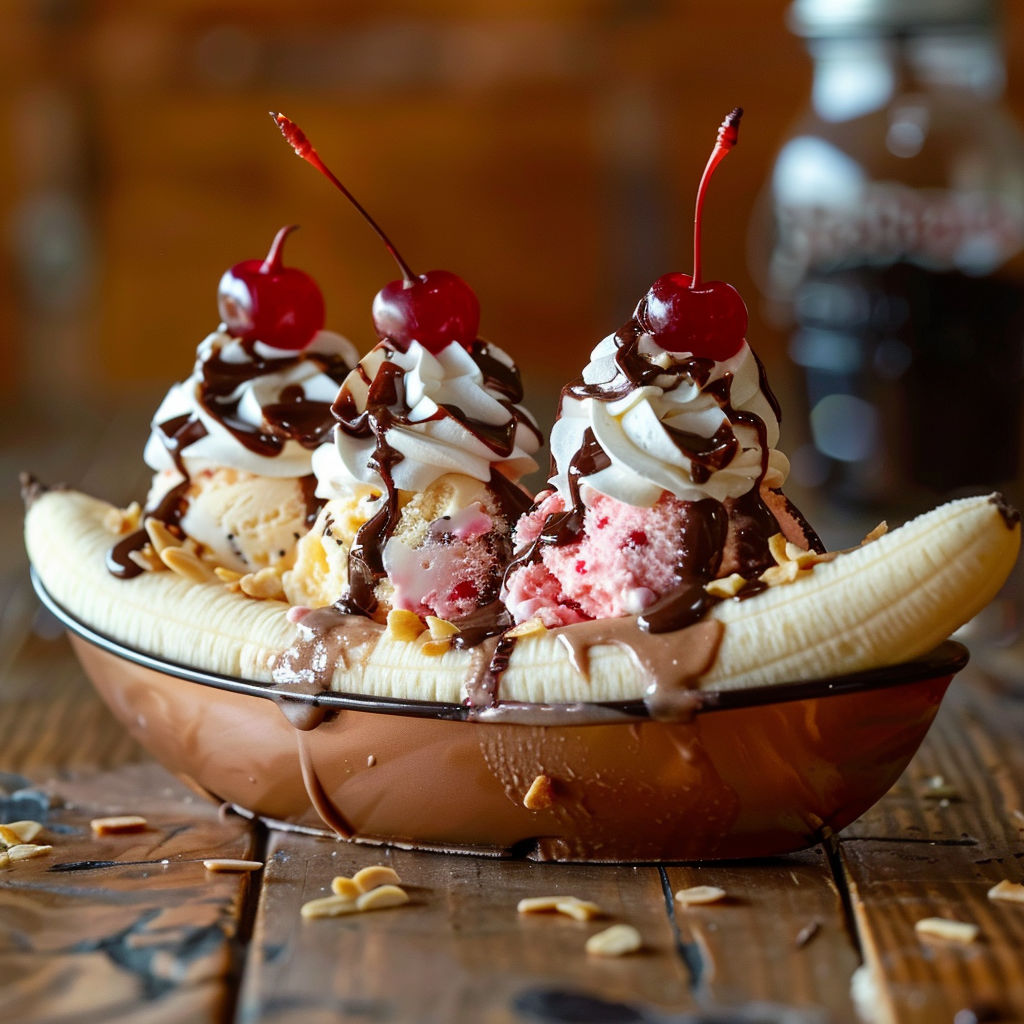 A banana split with chocolate and cherries.