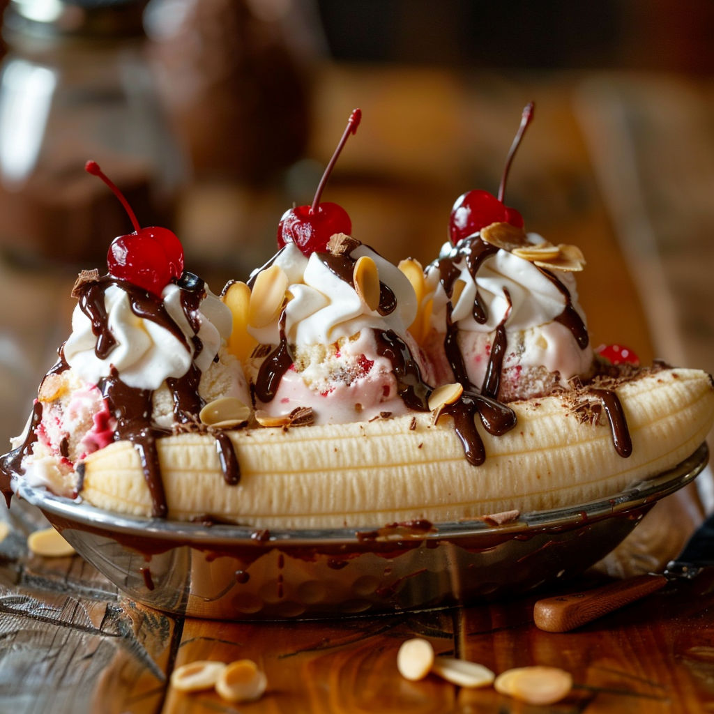A banana split with chocolate, whipped cream, and cherries.