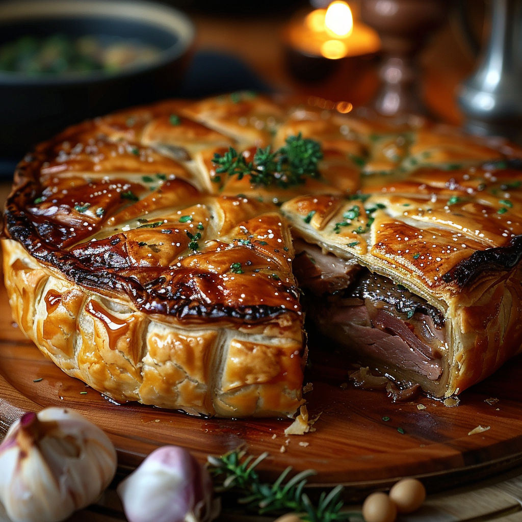 A slice of a pie with meat and vegetables.