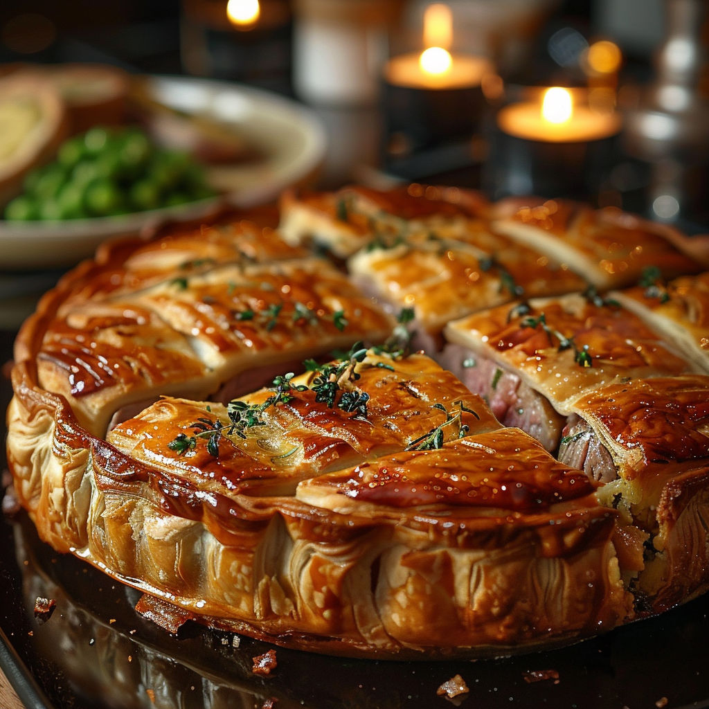 A pie with meat and vegetables in it.