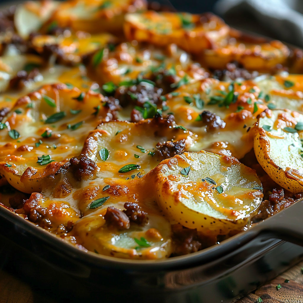 A dish of food with the name Gratin de Pommes de Terre et Bœuf Haché.