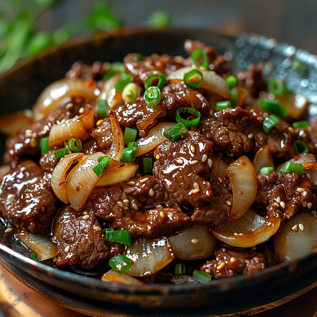 A bowl of beef sautéed with onions.
