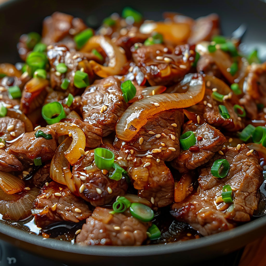 A bowl of meat with onions and peppers.