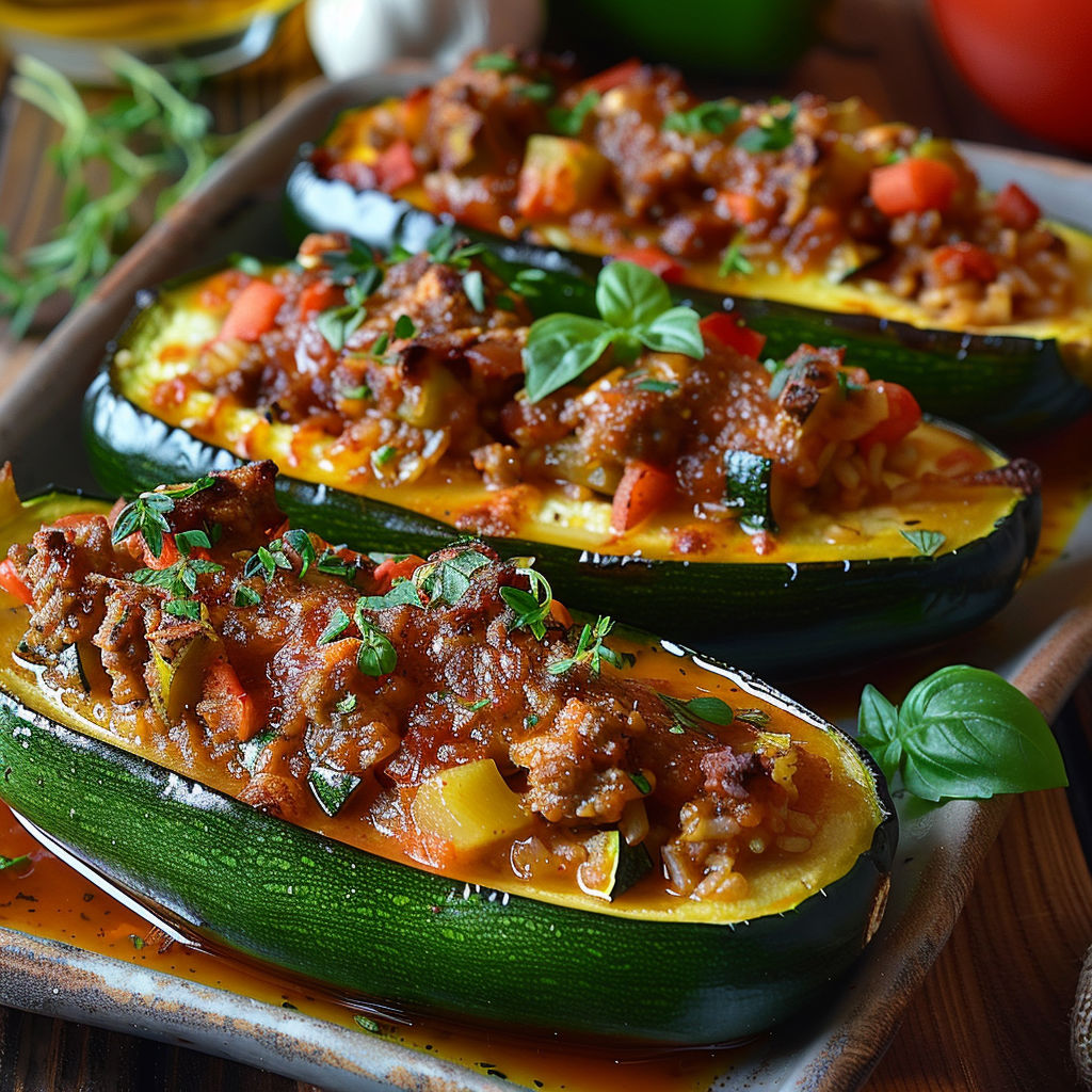 A plate of food with a zucchini and tomato on it.