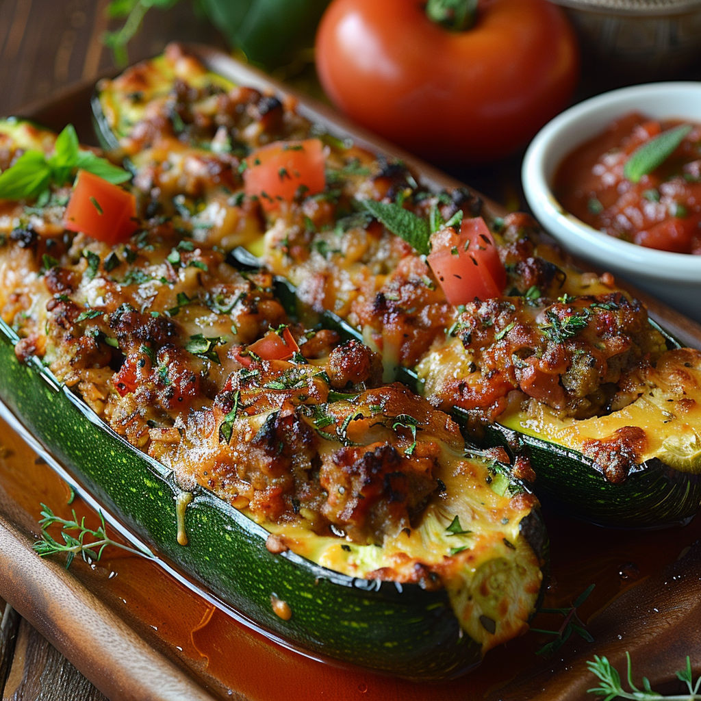 A plate of food with a zucchini and tomato.