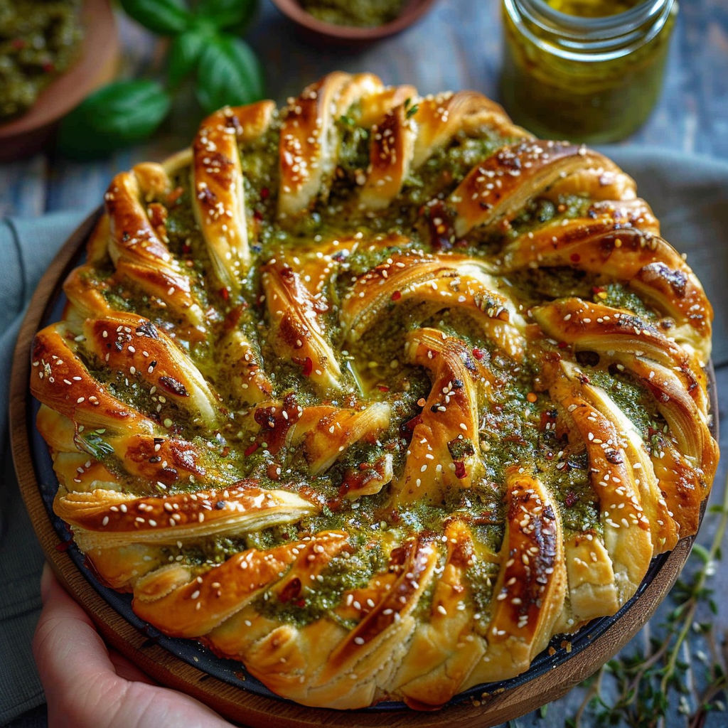 A plate of food with a pesto sauce.