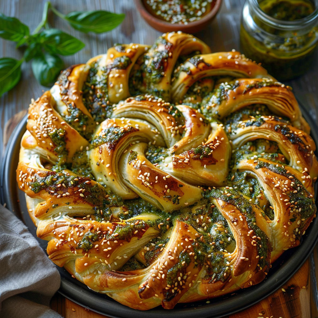A pesto-filled pastry is displayed on a plate.
