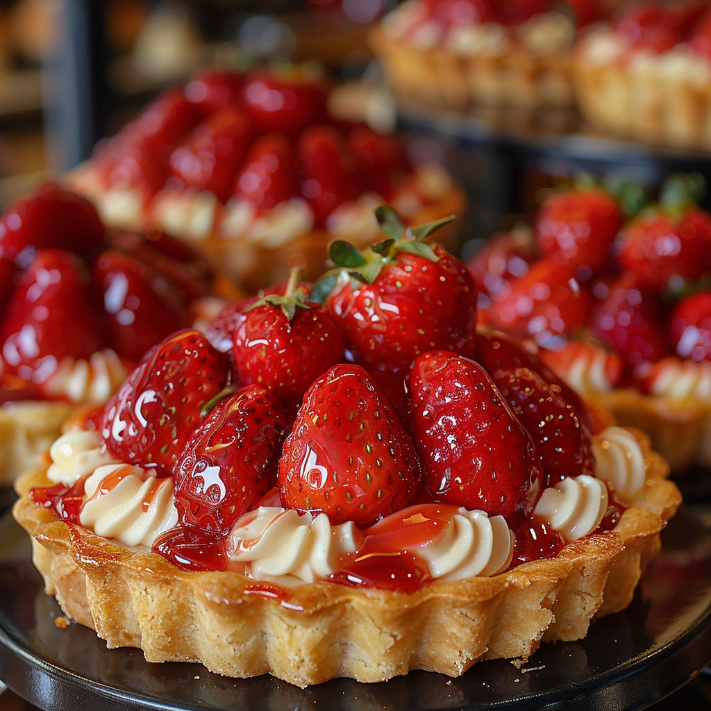 A close up of a strawberry and whipped cream dessert.