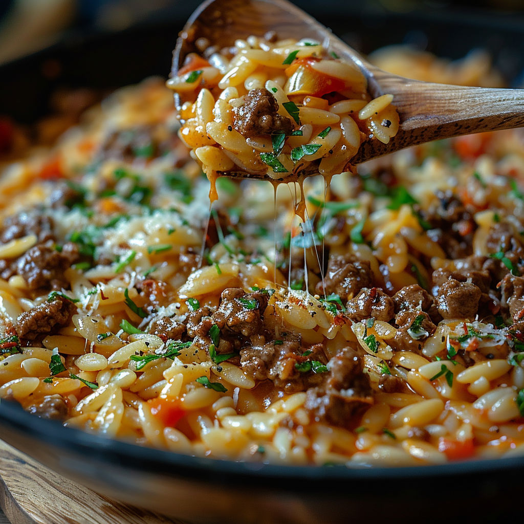 A bowl of pasta with meat and cheese.