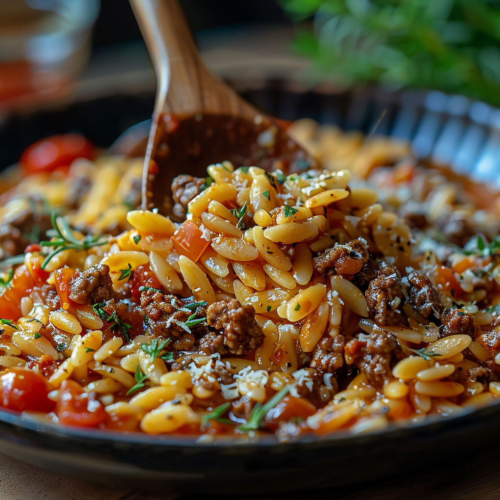 A bowl of pasta with meat and vegetables.