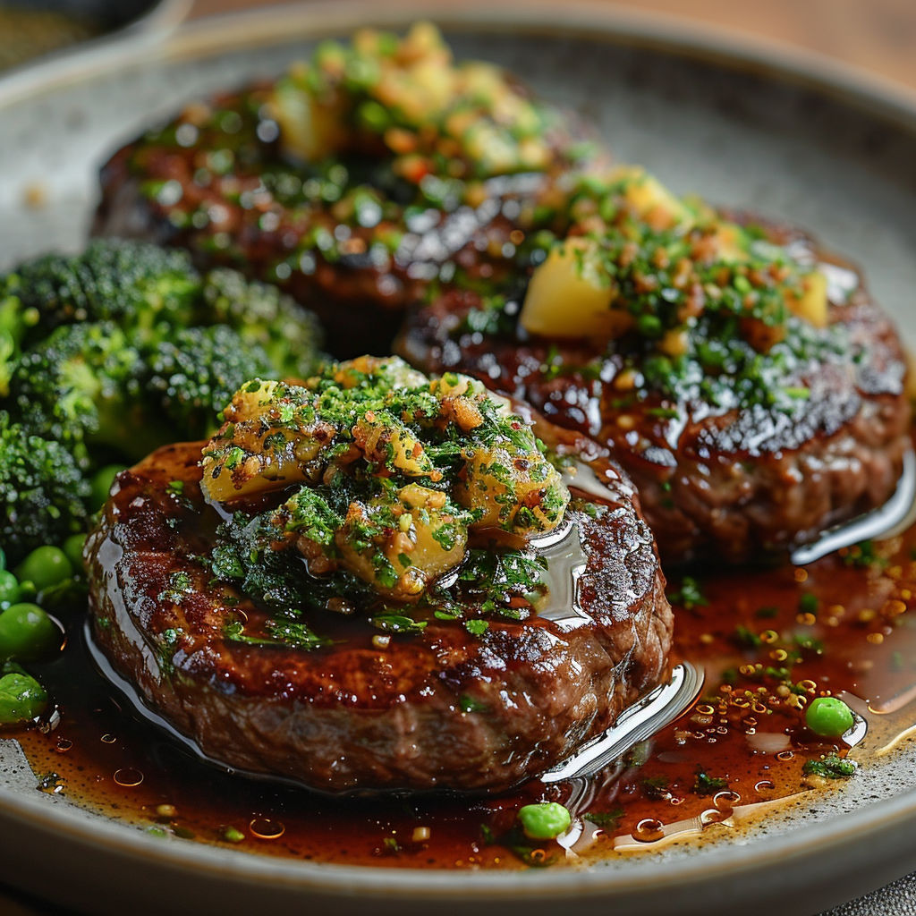 Hamburger steak with gremolata and broccoli.
