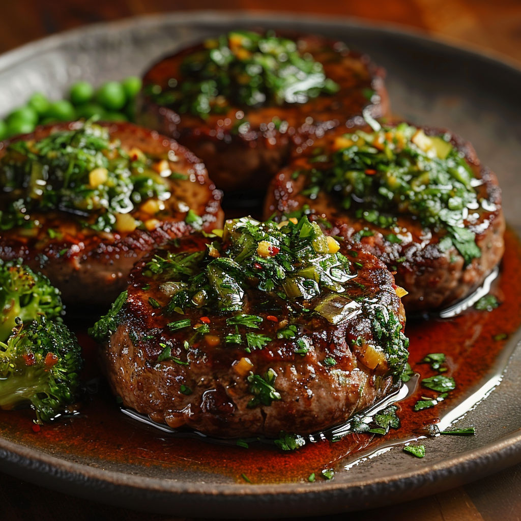 A plate of meat with a green sauce on it.