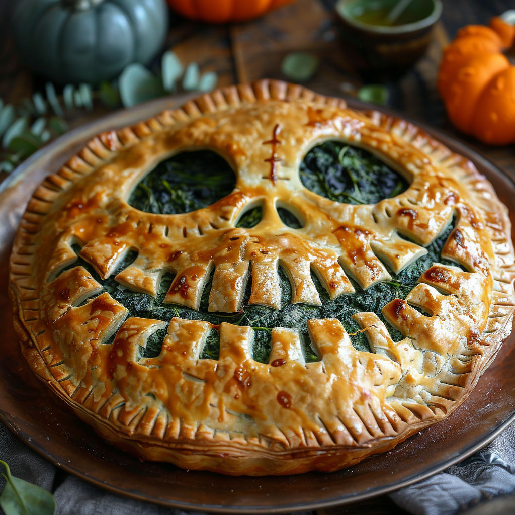 A pumpkin pie with a face on it.