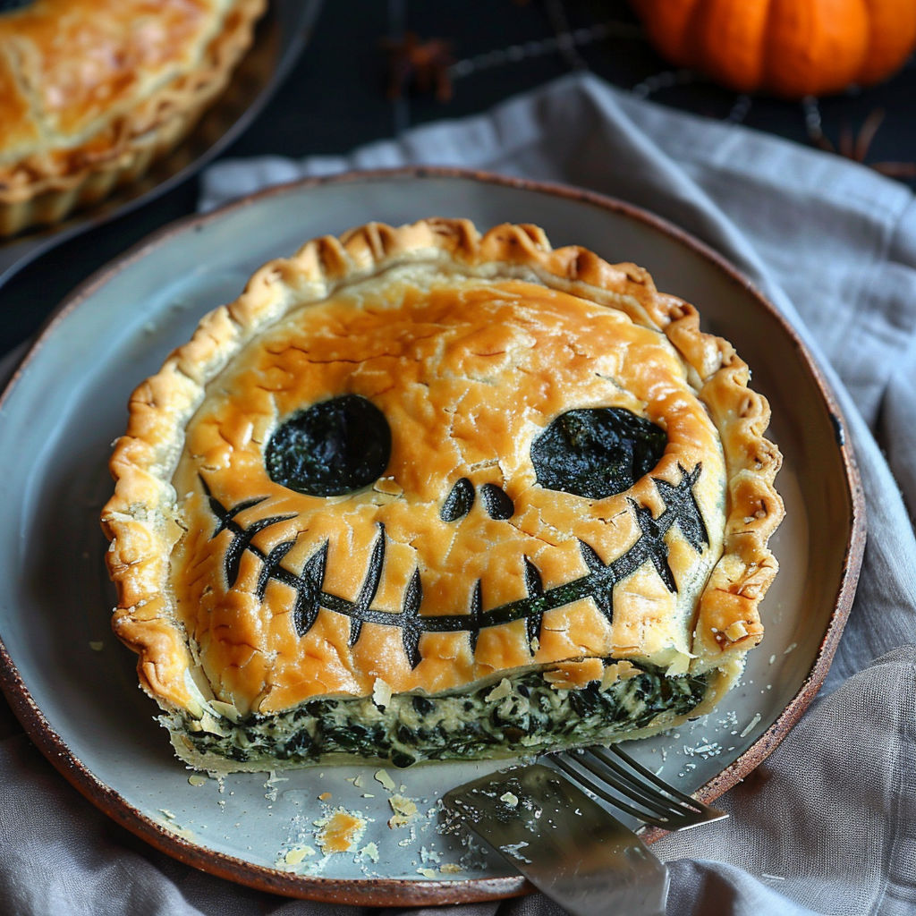 A plate with a pie that has a face drawn on it.