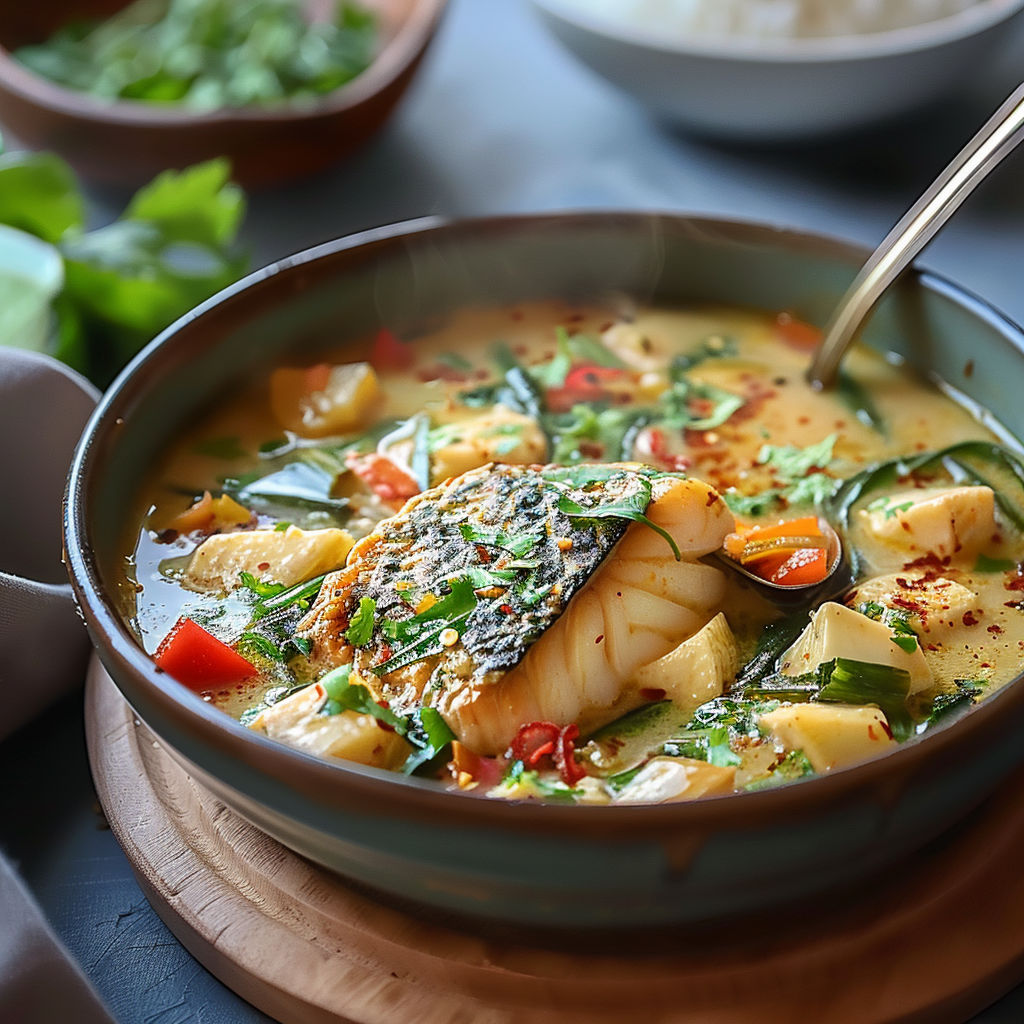 A bowl of soup with fish and vegetables.