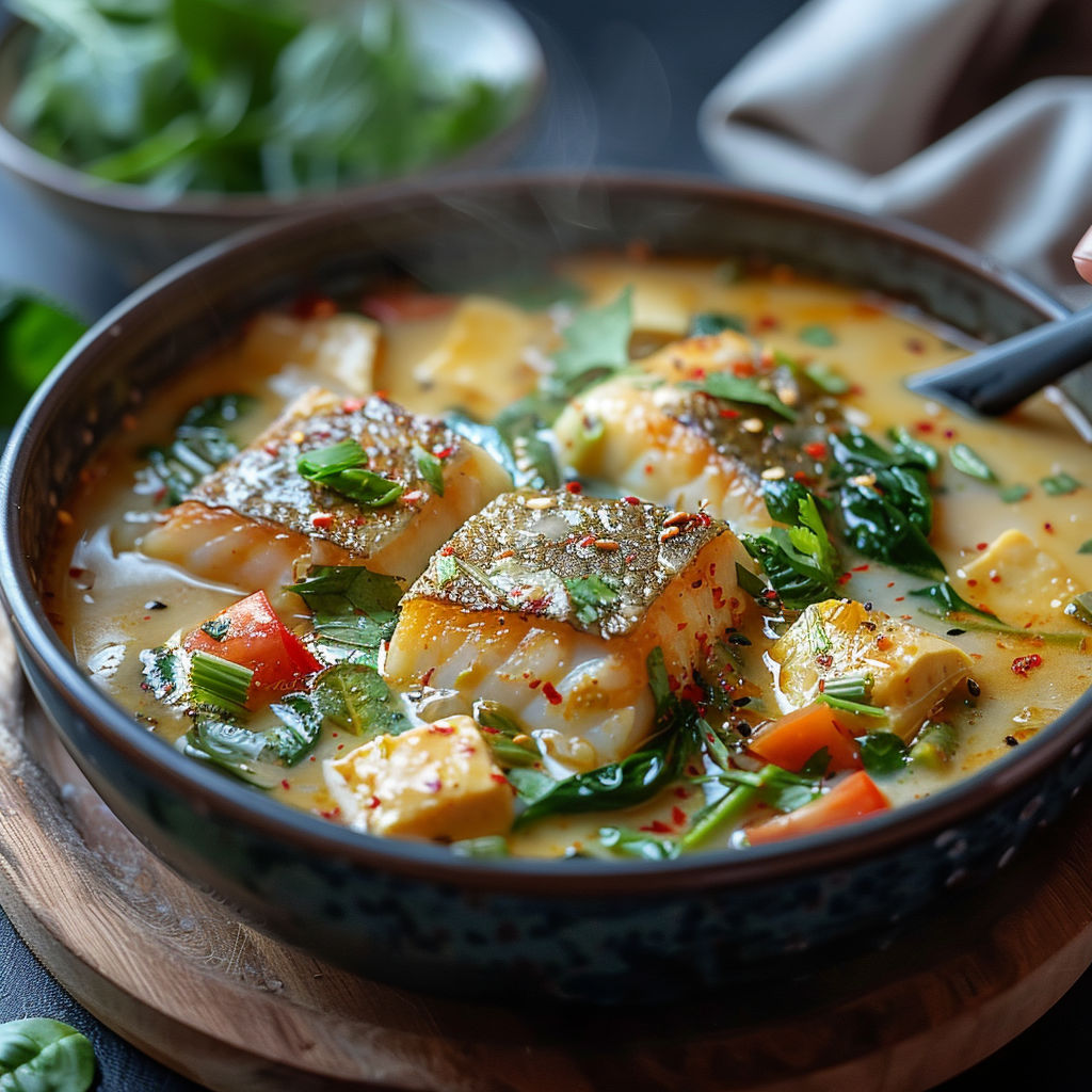 A bowl of soup with fish and vegetables.
