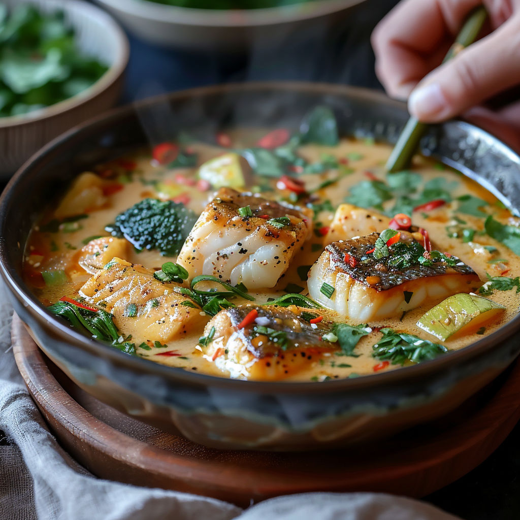 A bowl of fish with green vegetables.