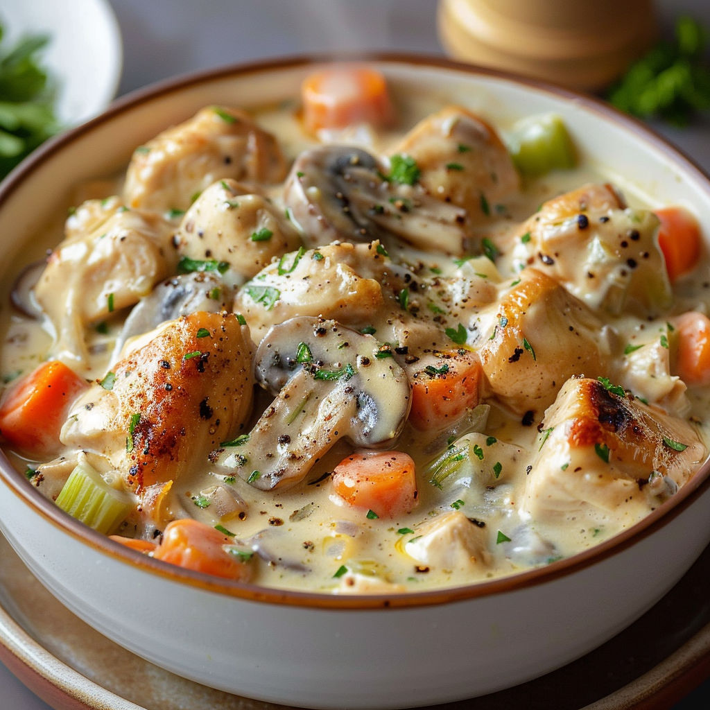 A bowl of chicken and vegetables.