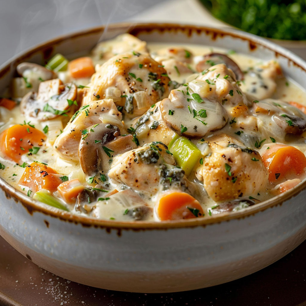 A bowl of food with chicken, mushrooms, and carrots.
