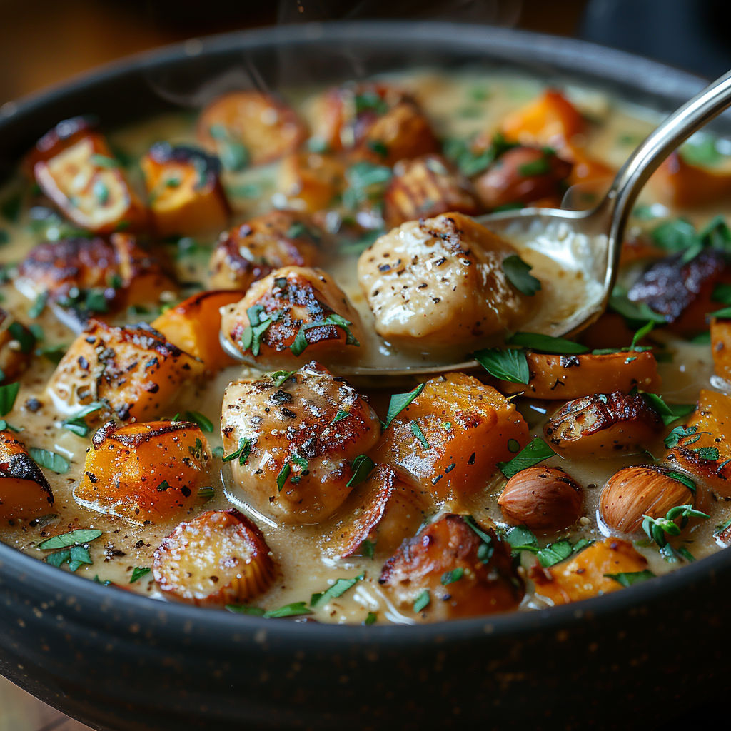 A bowl of food with a spoon in it.