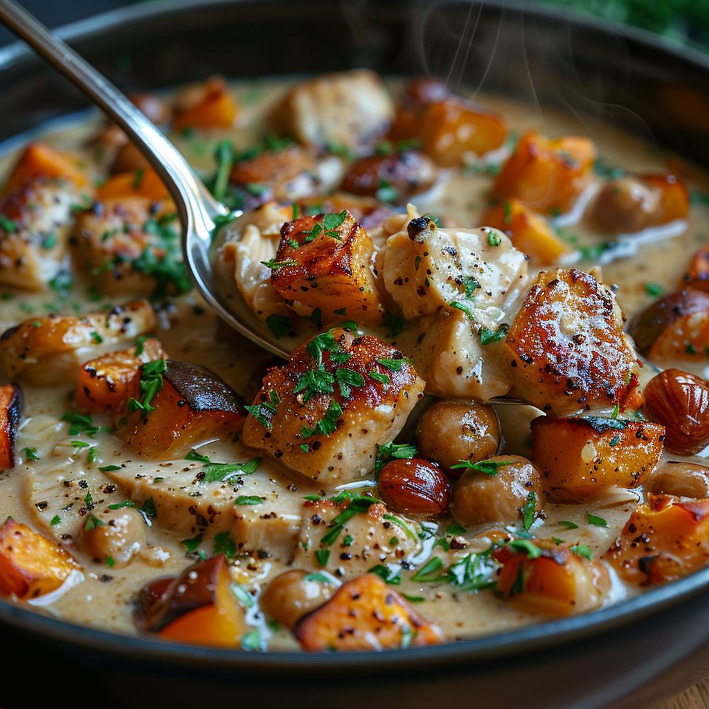 A bowl of food with a spoon in it.