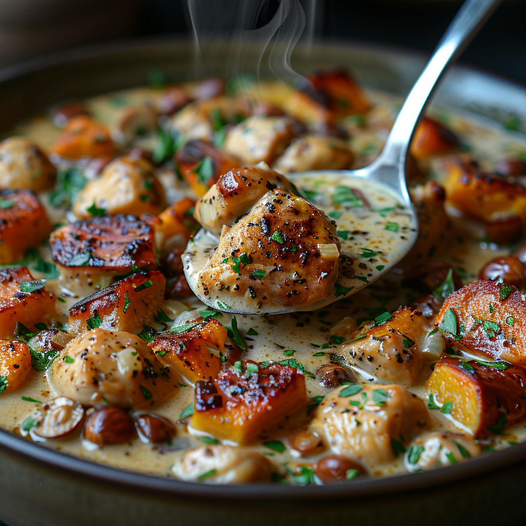 A bowl of food with a spoon in it.