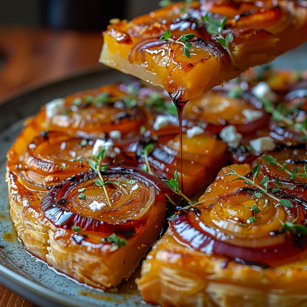 A slice of Tatin Salée de Courge, Oignons & Feta Dorée.