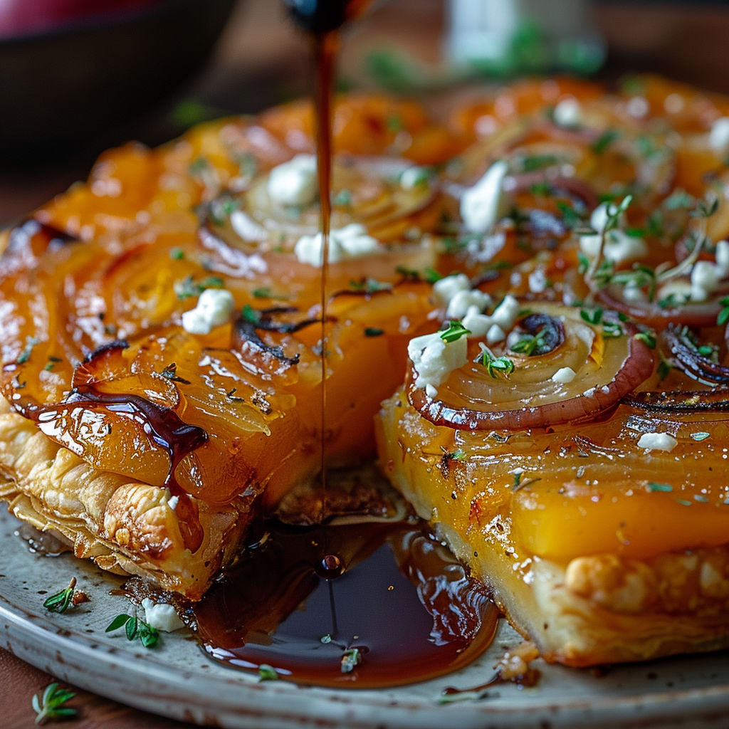 A slice of pie with a drizzle of caramel sauce.