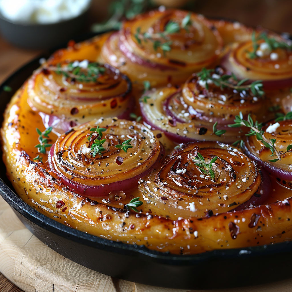 A pan of food with onions and garlic.