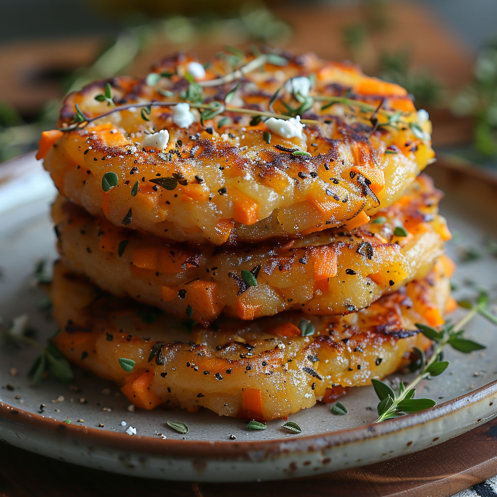 A stack of galettes croustillantes with butternut, carrots, feta, and zest of lemon.