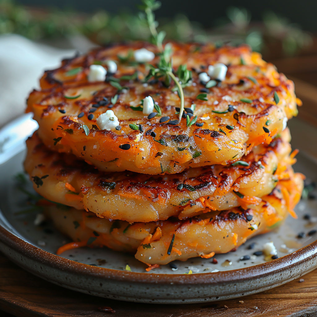 A stack of galettes croustillantes with butternut, carrots, feta, and zest of lemon.
