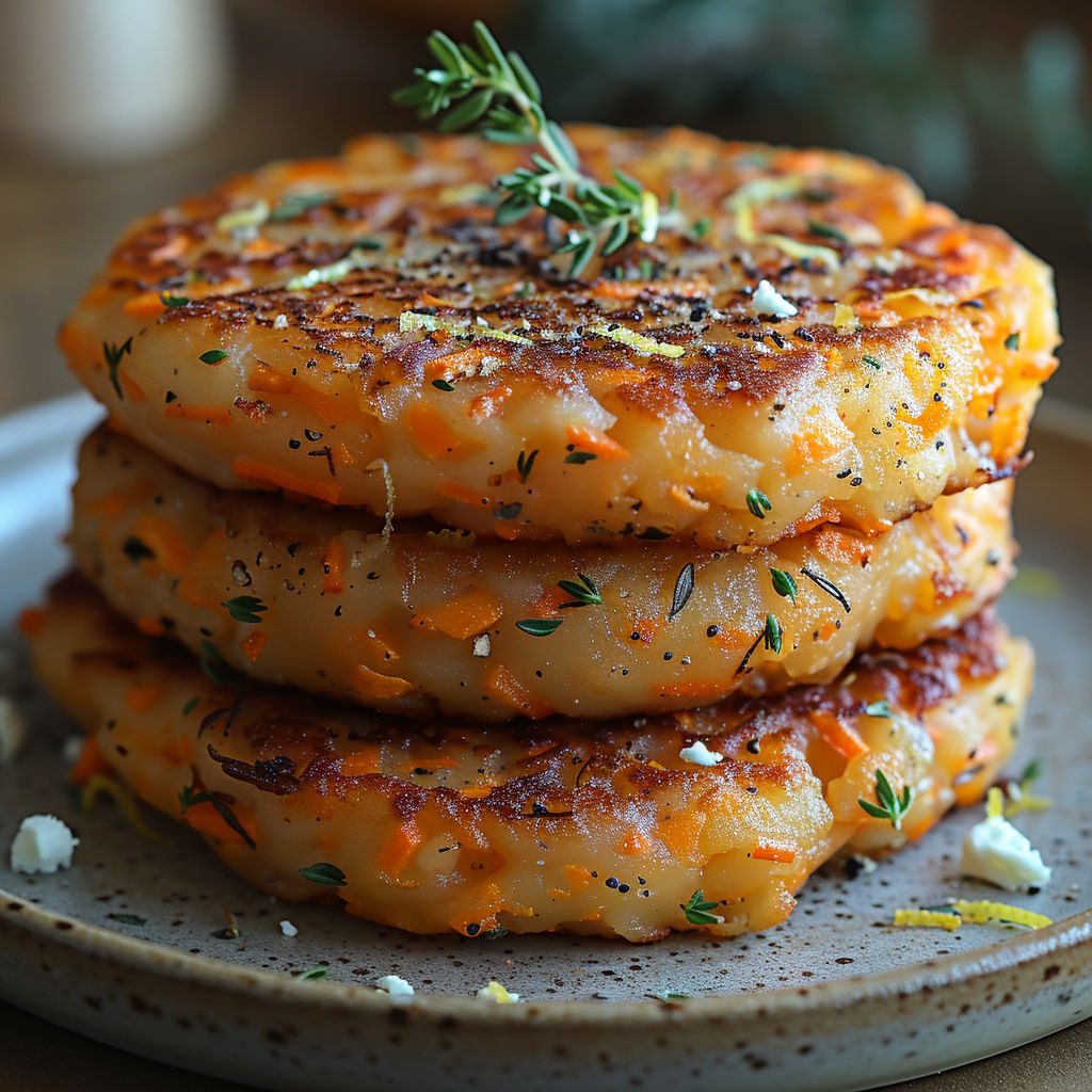 A stack of three galettes croustillantes with butternut, carrots, feta, and zest of lemon.
