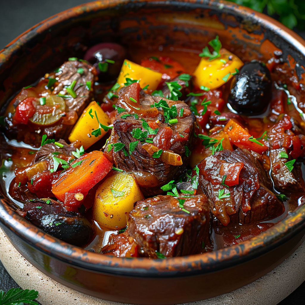 A bowl of food with meat, vegetables, and herbs.