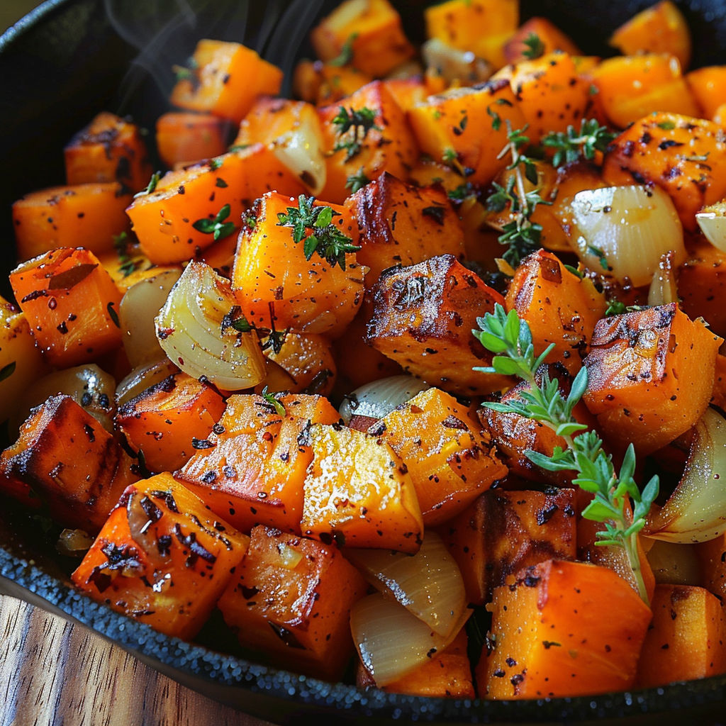 A bowl of sautéed sweet potatoes with onions, garlic, and thyme.