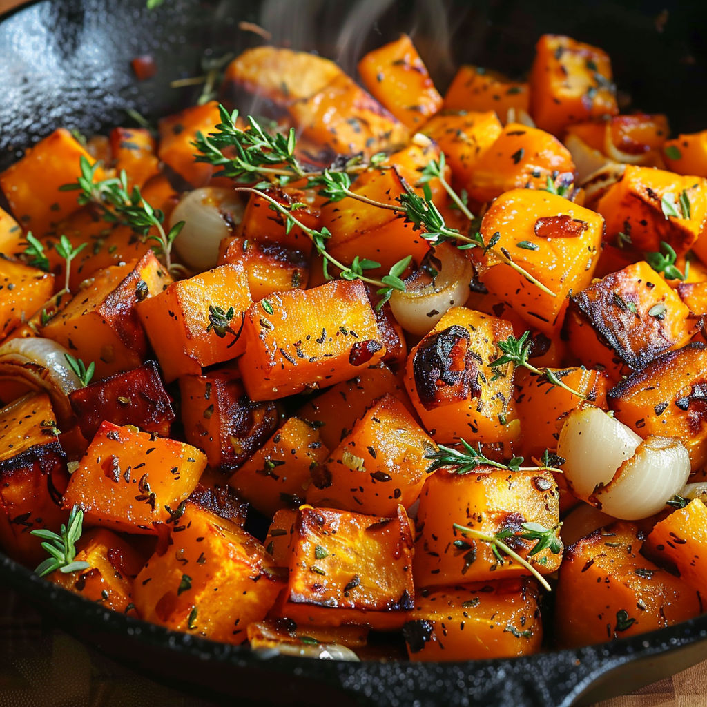 A pan of food with onions and herbs.
