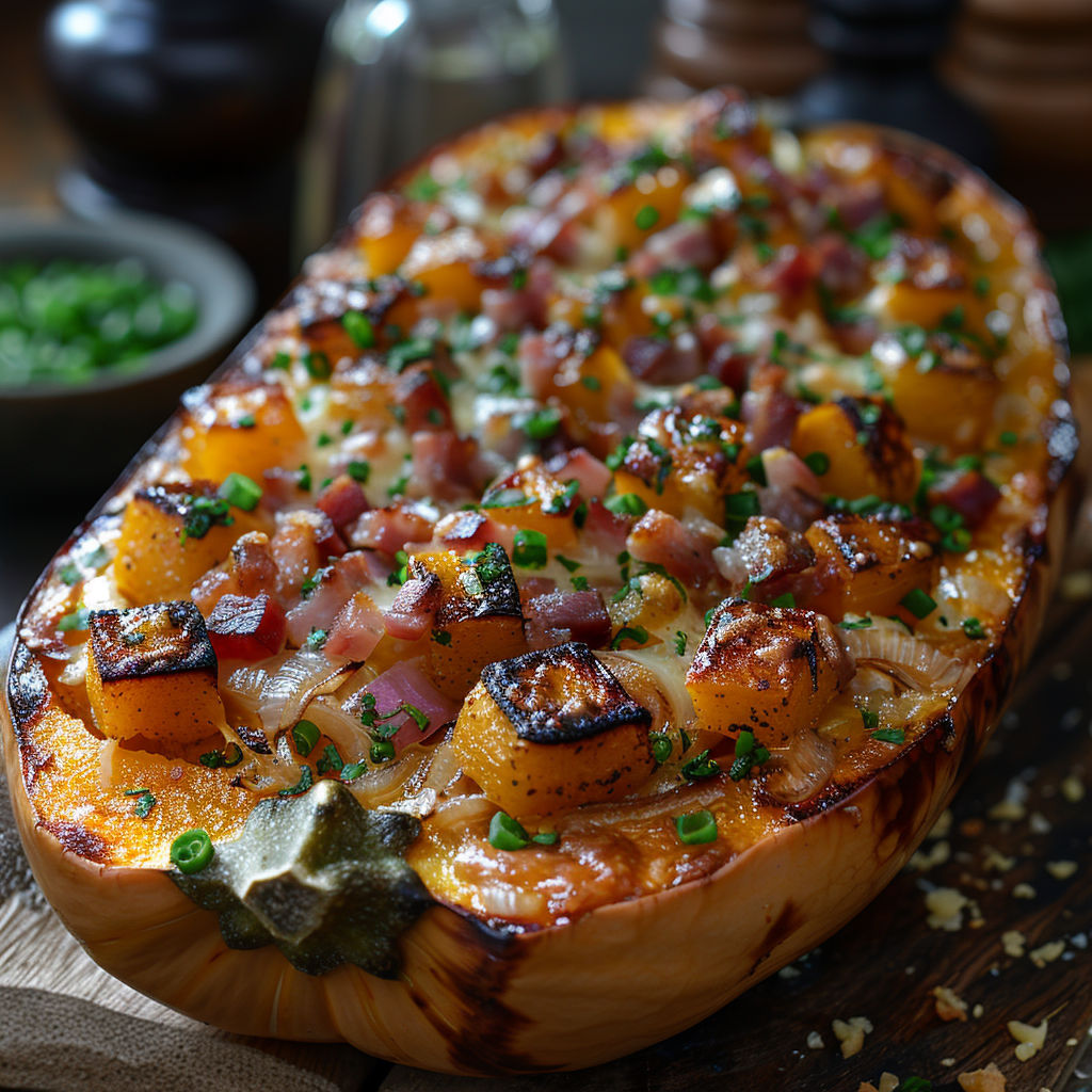 A roasted butternut squash with cheese and herbs.