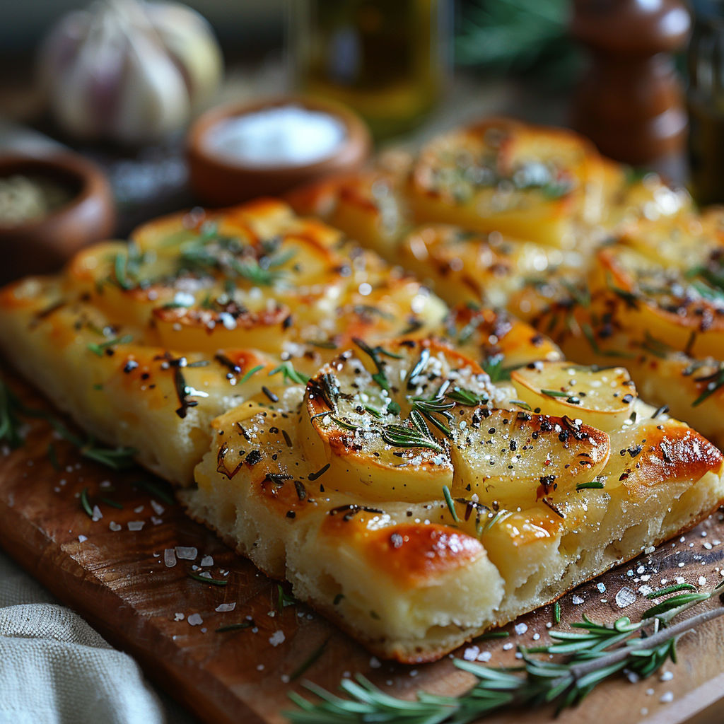 A delicious looking focaccia with apples and herbs on top.