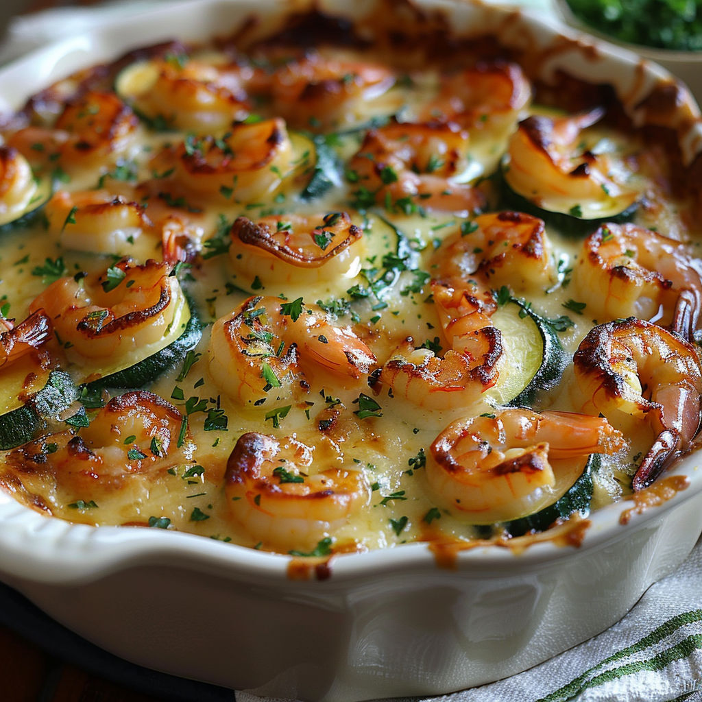 A dish of shrimp and zucchini.