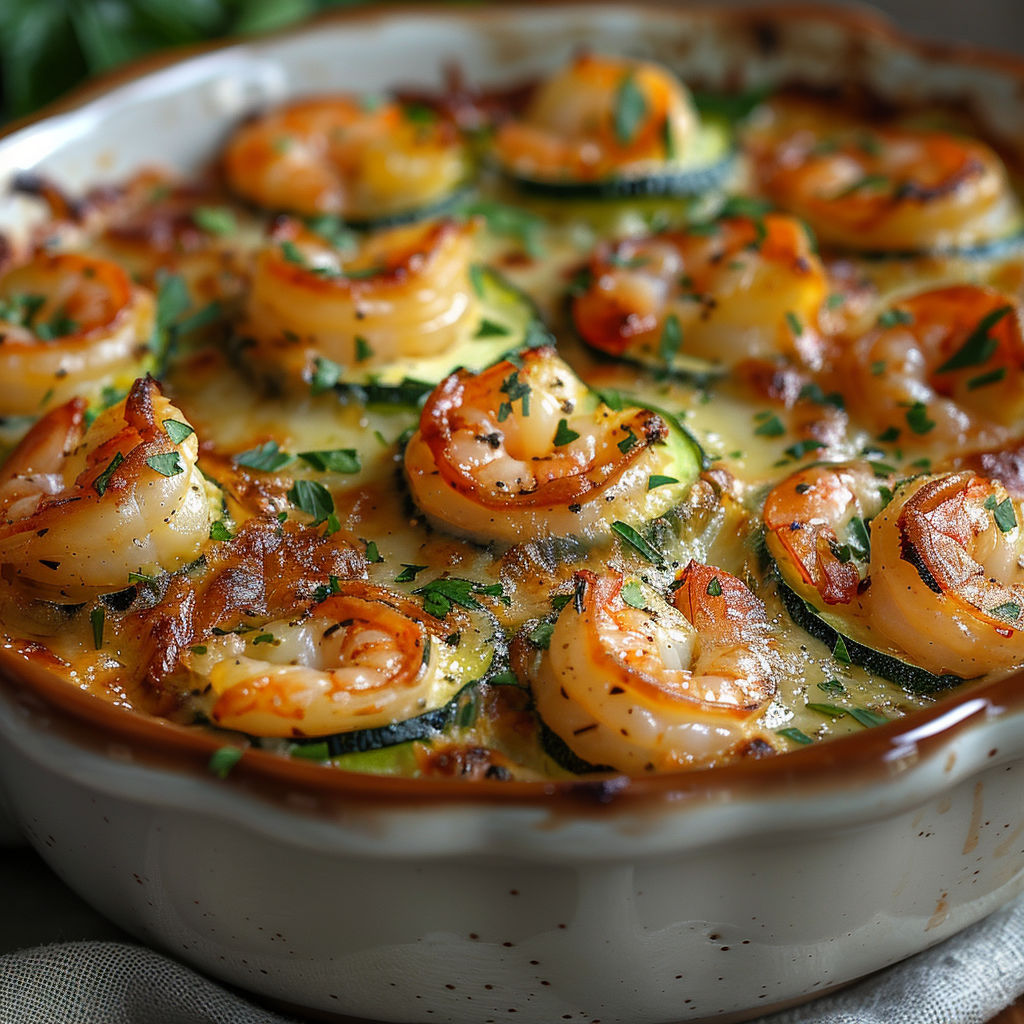 A dish of shrimp and zucchini.