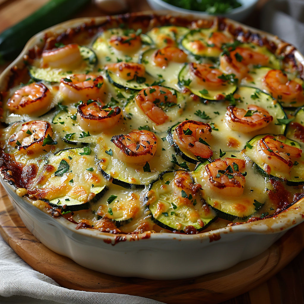 A dish with shrimp and zucchini.