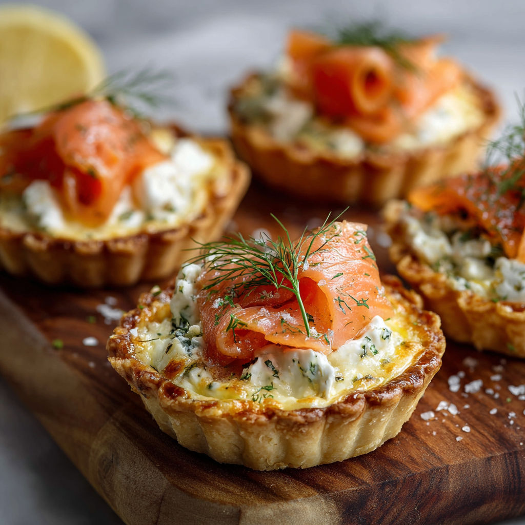Three small tarts with salmon and cheese.