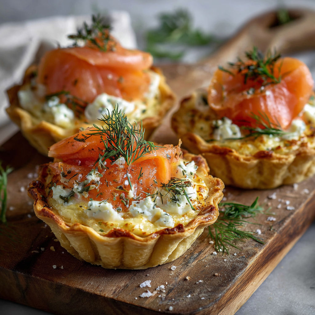 Three small tarts with salmon and cheese.