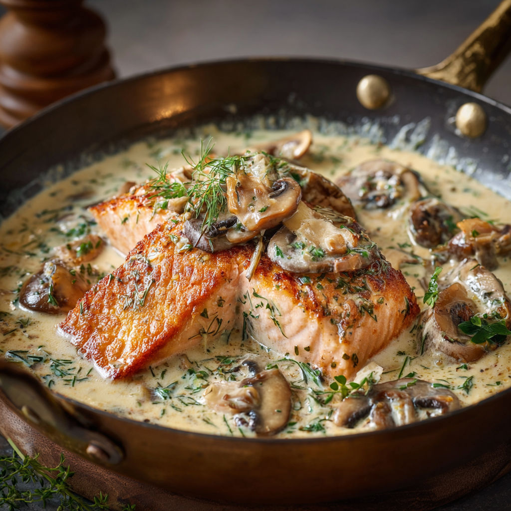 A pan of food with mushrooms and fish.