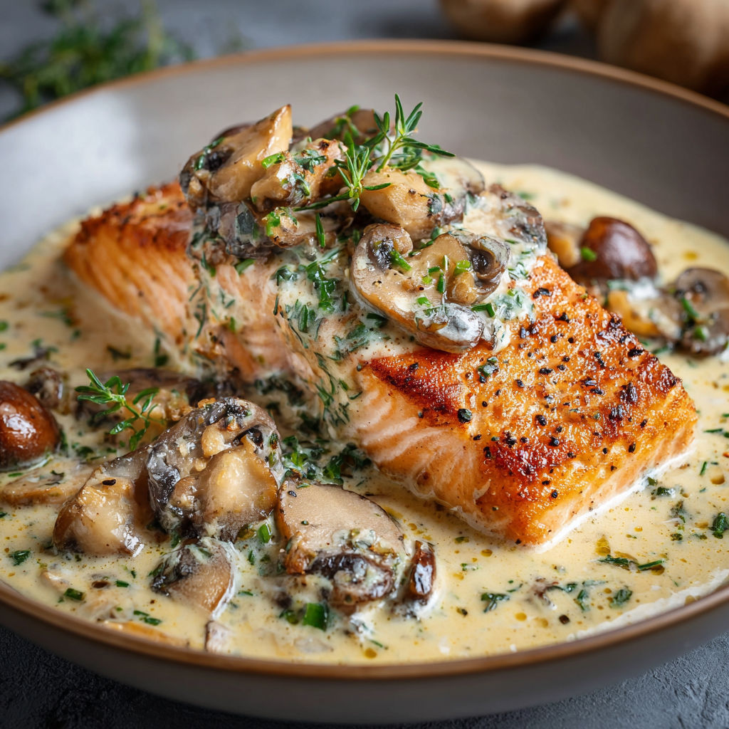A plate of food with mushrooms and fish.