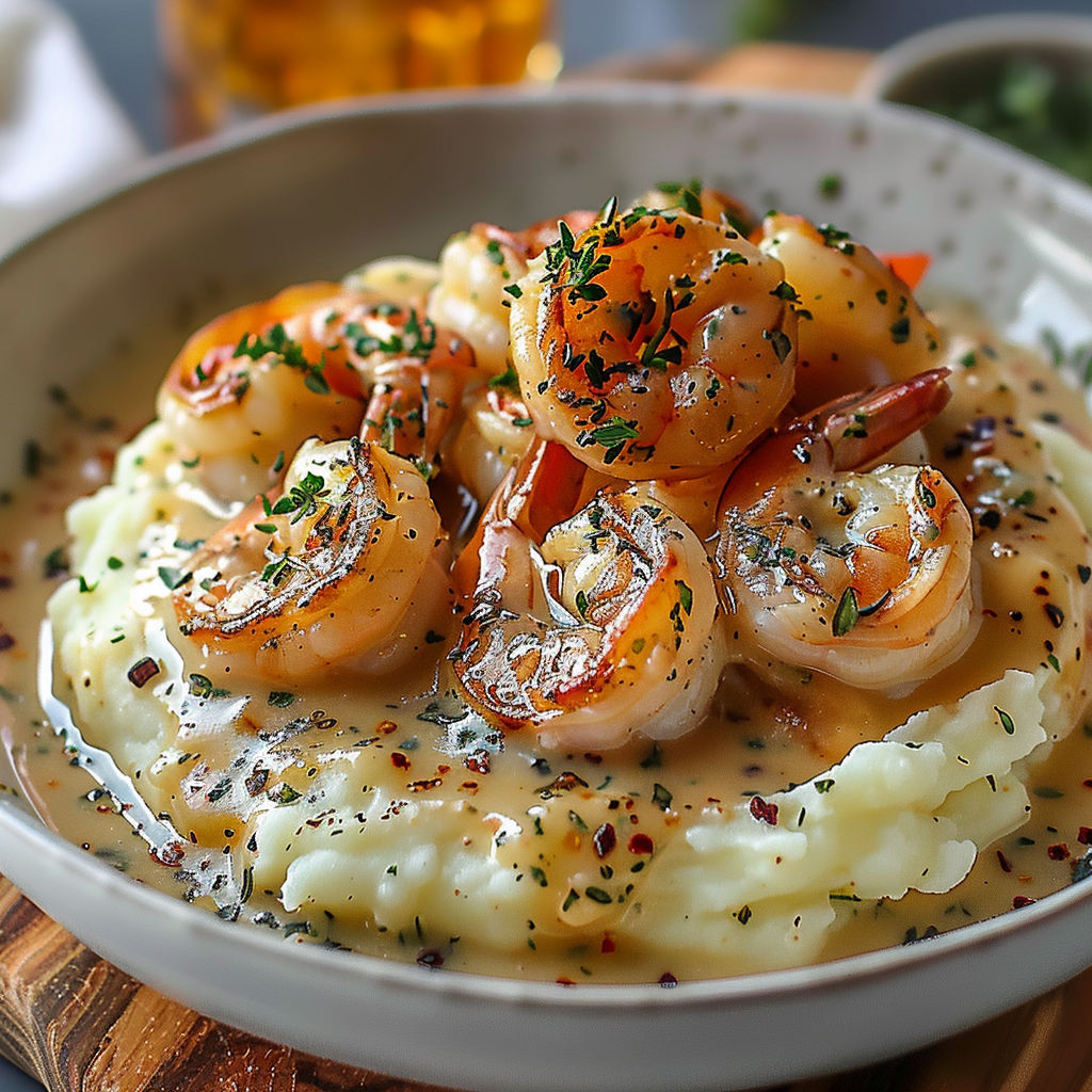 A bowl of shrimp and potatoes.