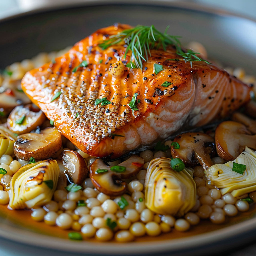 A plate of food with salmon and mushrooms.