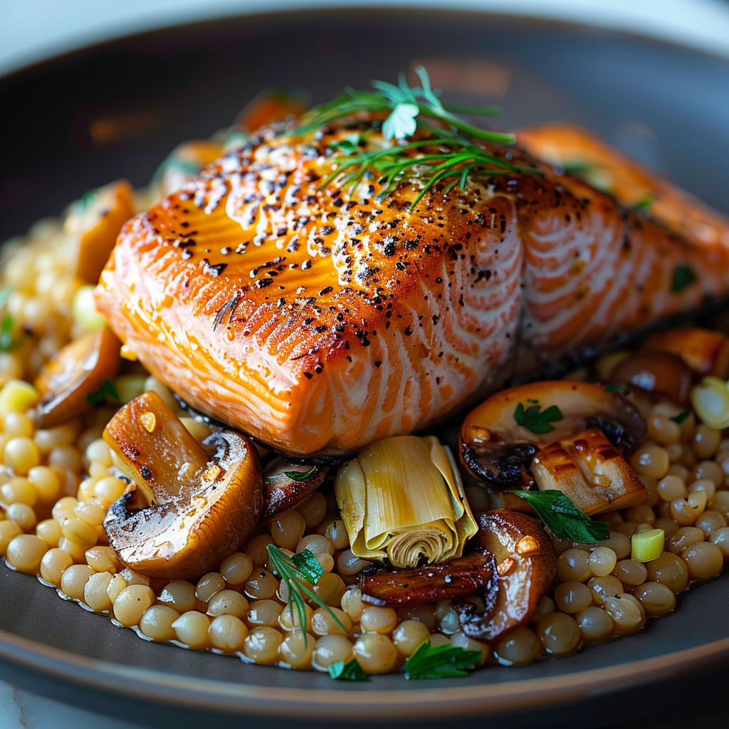 A plate of food with salmon and mushrooms.