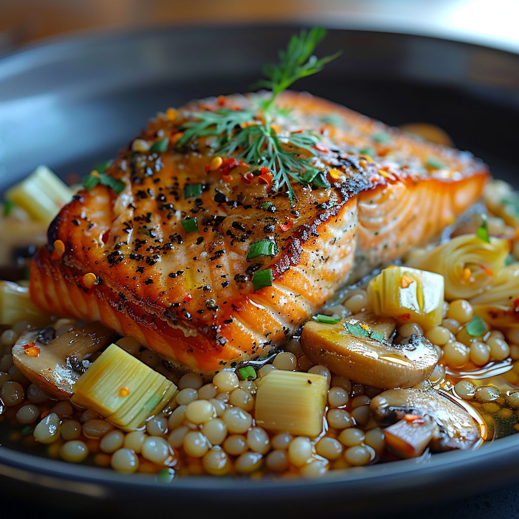 A plate of food with fish and mushrooms.