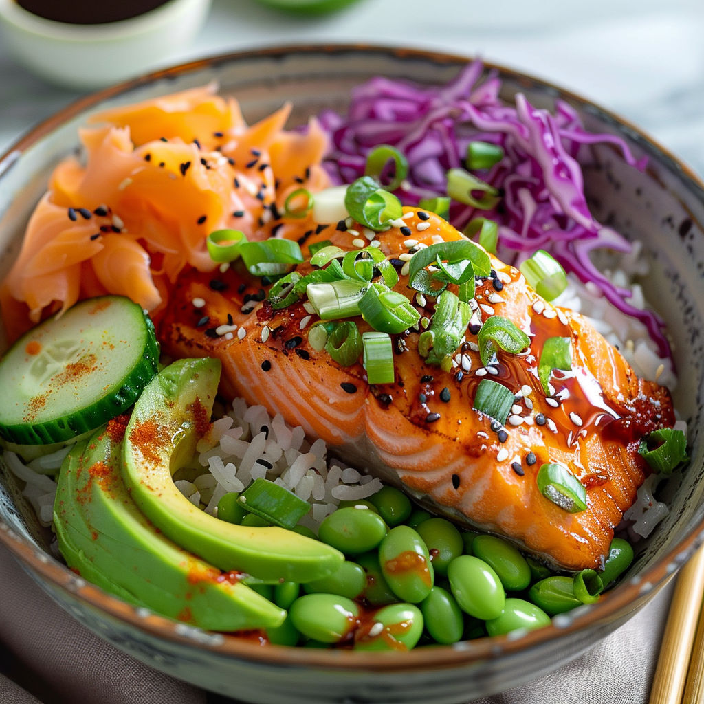 A bowl of food with salmon, avocado, cucumber, and sesame seeds.